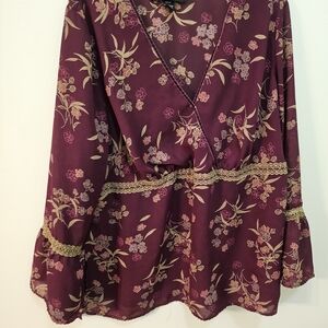 Venezia Burgundy Floral Blouse with Gold Accents